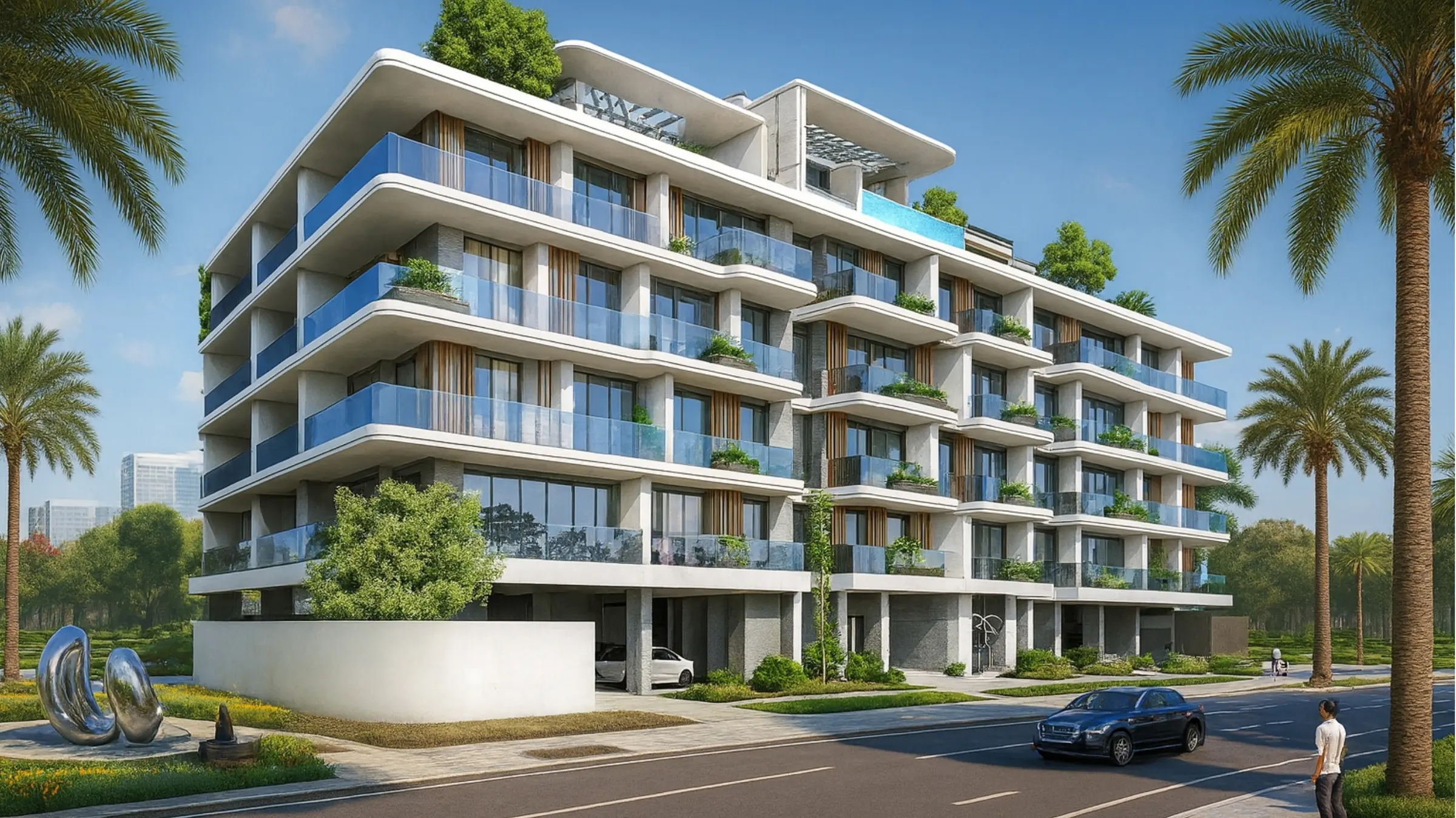 Galleria Residences by Evera, a five-storey white building with blue glass balconies among palm trees in Dubai South
